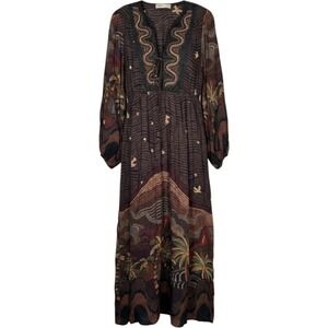 Dress To Brazil Tropical Brown Print Balloon Sleeve‎ Boho Maxi Dress Small